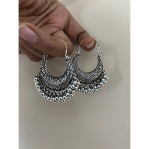 Long Silver earring large oxidized hoop chandelier big carved metal boho earring